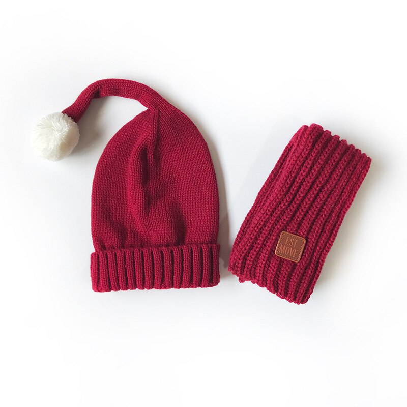 2 stk babyhatter skjerf sett strikket vinterstjerne beanie bomull varm pompon caps barn myke hatter barn jenter gutter: Burgunder