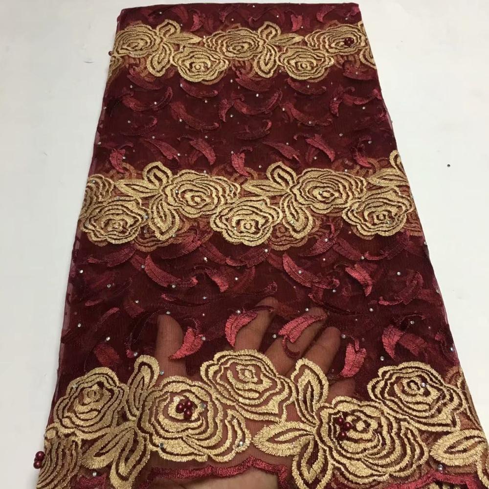 African style The latest Onion color net lace fabric with stones for party wedding cloth 5 yards