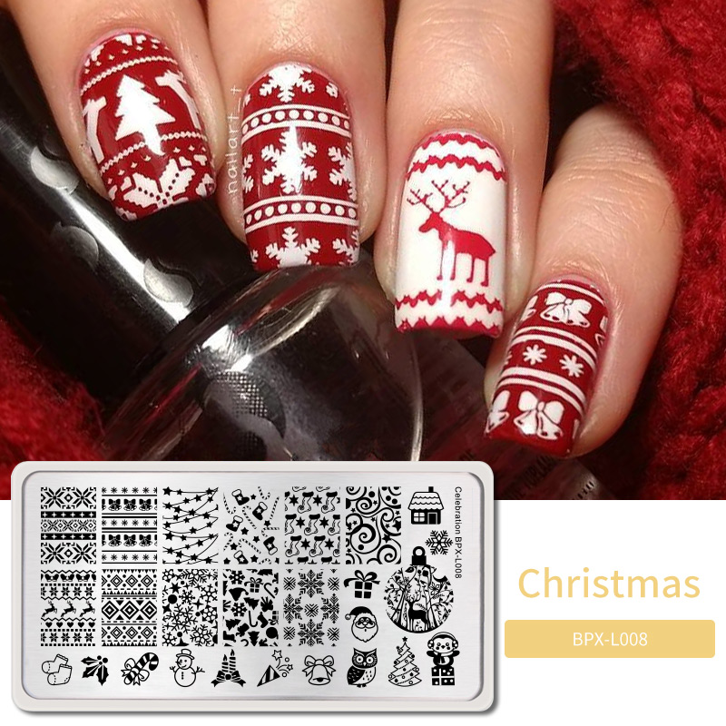 Noël saint valentin Halloween thème ongles estampage plaques timbre plaque modèle Nail Art arbre flocon de neige coeur Image: BPX-L008