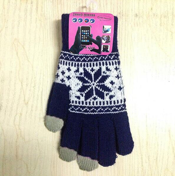 Vinter varm berøringsskærm handsker mænd kvinder uld strikkede handsker slik farve snefnug vanter til mobiltelefon tablet pad: Marine blå