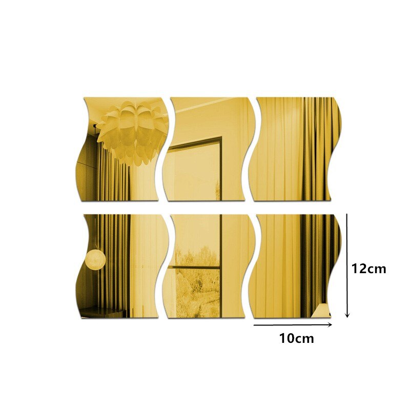 6pcs Wave Shape Mirror Wall Stickers Removable DIY 3D Art Mural Decor mirror bedroom Bath Room Home Decoration: Gold
