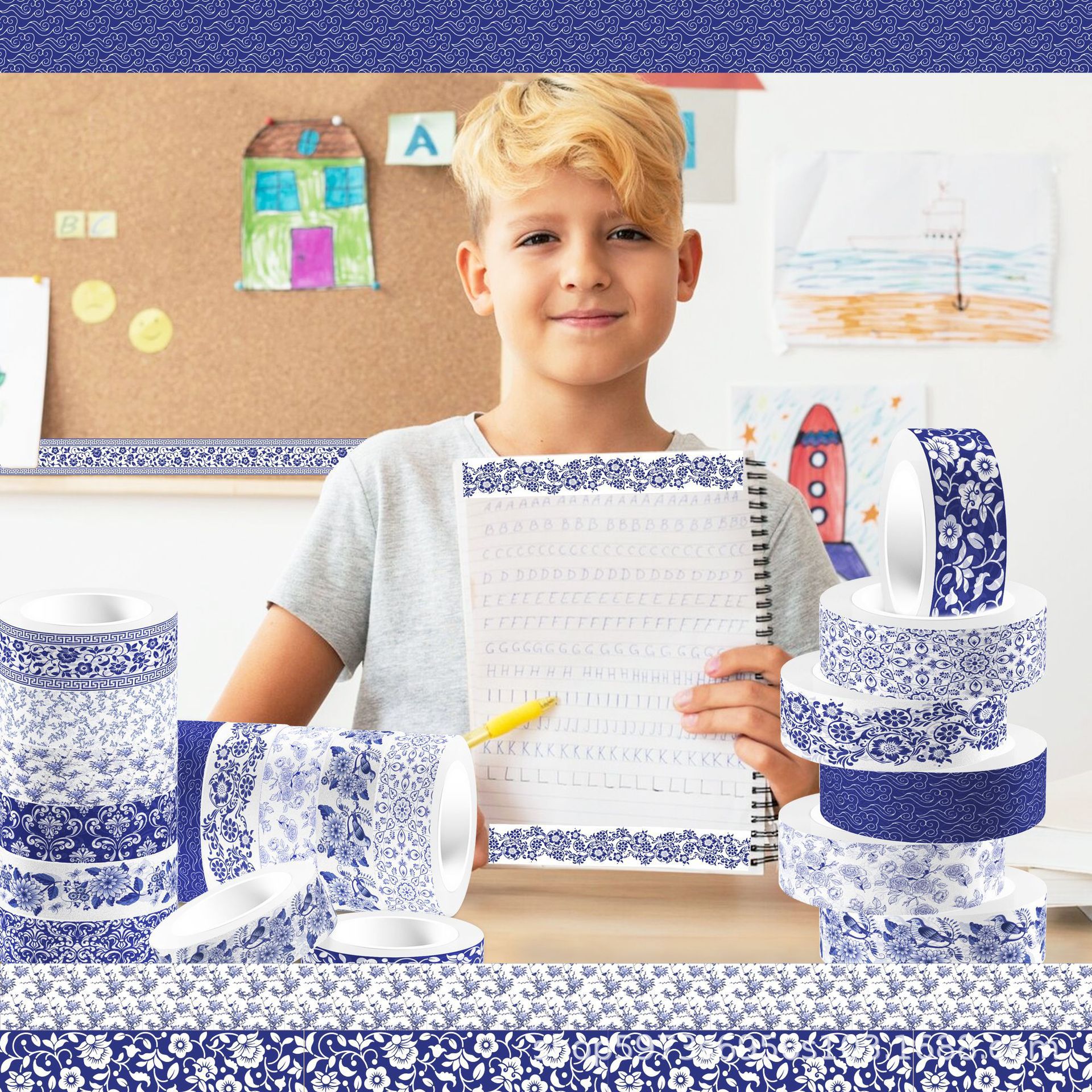 Porcelana azul y blanca de estilo chino, rollo transparente, cinta Washi autoadhesiva, Material para manual de bricolaje