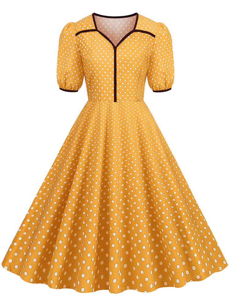 Women's V-neck Summer Dress Polka Dot Print Slim Fit Swing Short Sleeve Party Sundress Robe: L / Yellow
