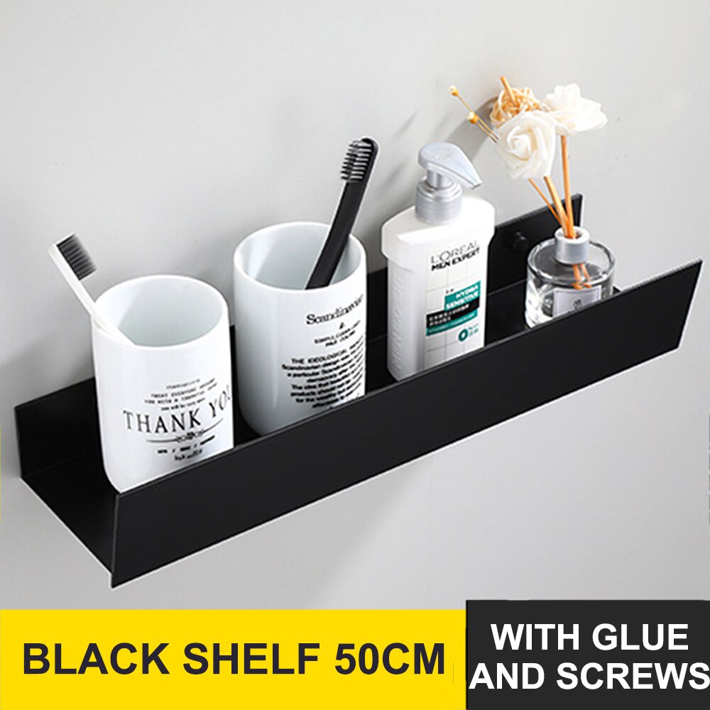 Space Aluminum Bathroom Shelf Wall Mount Shower Shampoo Soap Cosmetic Shelves Kitchen Storage Rack Holder Bathroom Accessories: 50cm Black