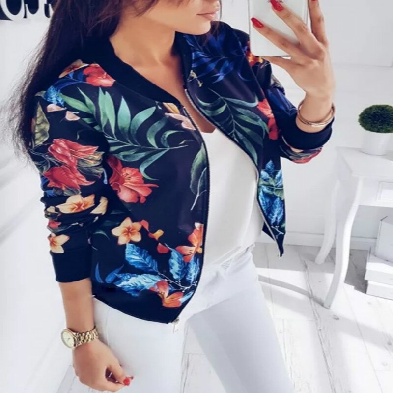 Plus Size Autumn Women'S Jackets Retro Floral Zipper Printed Coat Female Long Sleeve Short Jacket Print Tops S-XXL: Navy / M