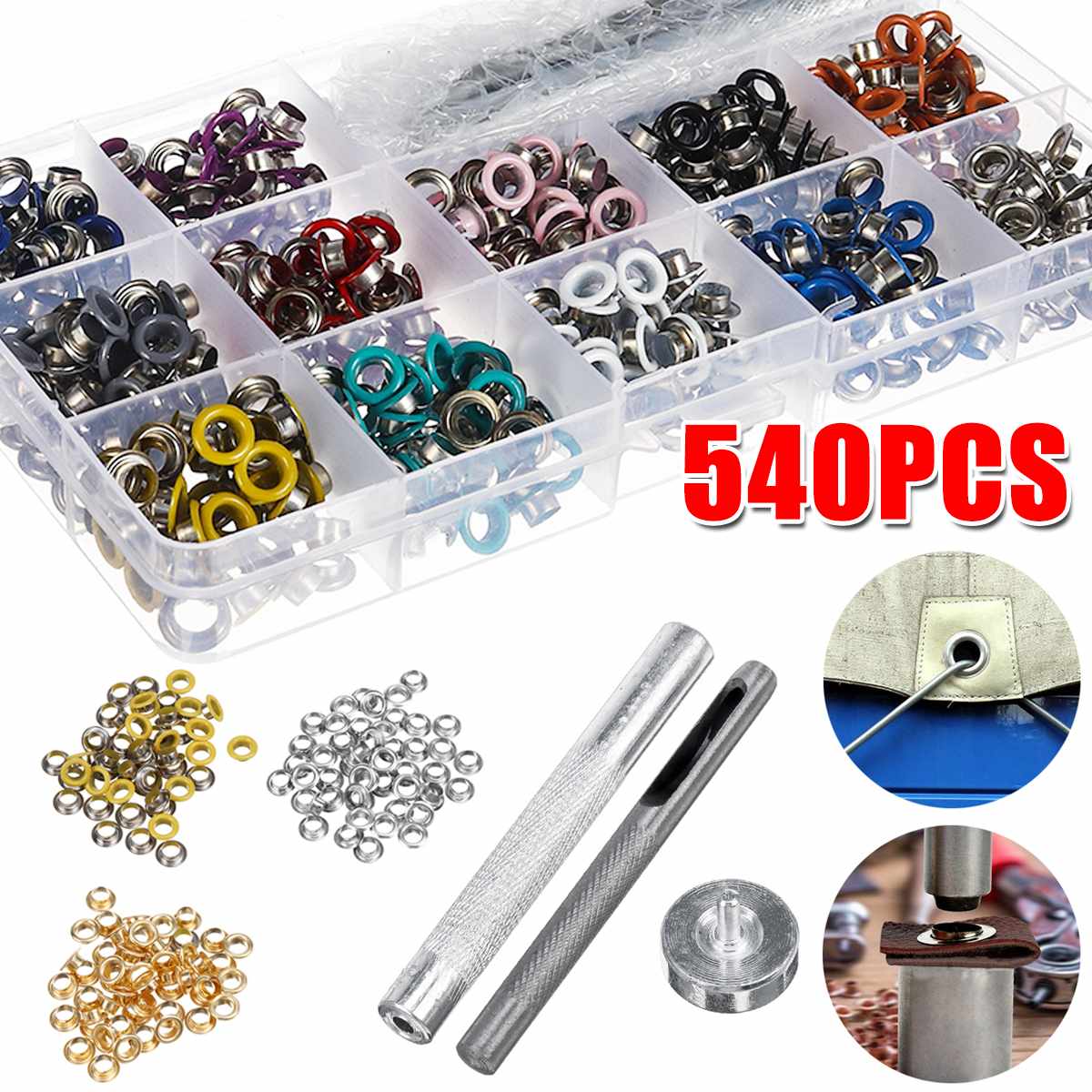 540Pcs/Kit Grommet Kit,Grommet Setting Tool Metal Eyelets Set with Install Tool Kit in Storage Box ,Leather Crafts DIY Projects