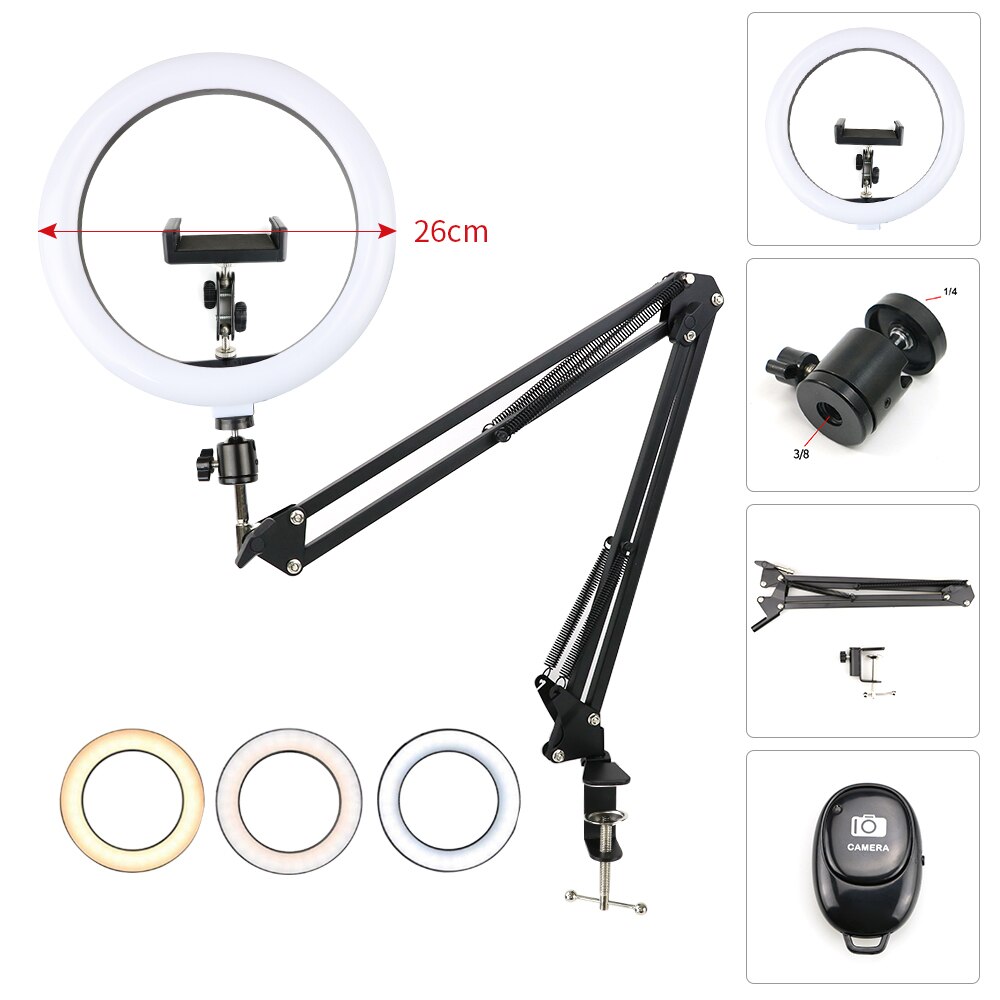 10'' Dimmable LED Selfie Ring Light With Desk Long Arm Holder Camera Phone USB ring lamp Photography Light With Remote Control: 26cm Light Sets