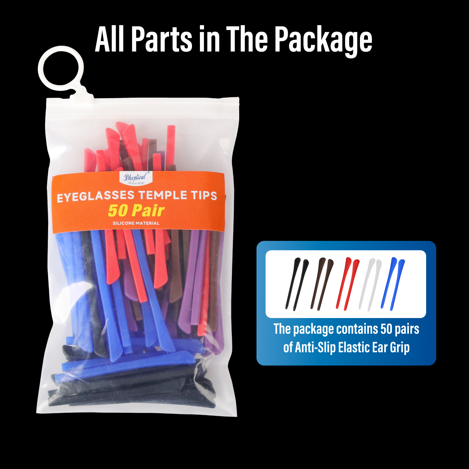(50 pares) Puntas para patillas de anteojos Material de silicona Empuñaduras suaves para las orejas Agujero redondo de 5 colores para tienda de gafas y Hospital ocular