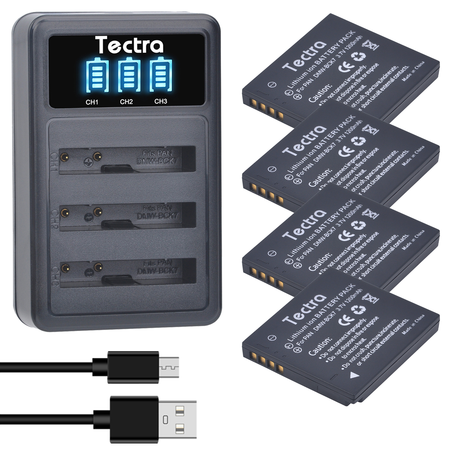 DMW-BCK7 Batterie + LED USB Chargeur pour DMW BCK7E BCK7PP NCA-YN101G Panasonic Lumix DMC-FH25 FH27 FP5 FP7 FS16 FS22 FS35 FS37 S1: 4 battery set