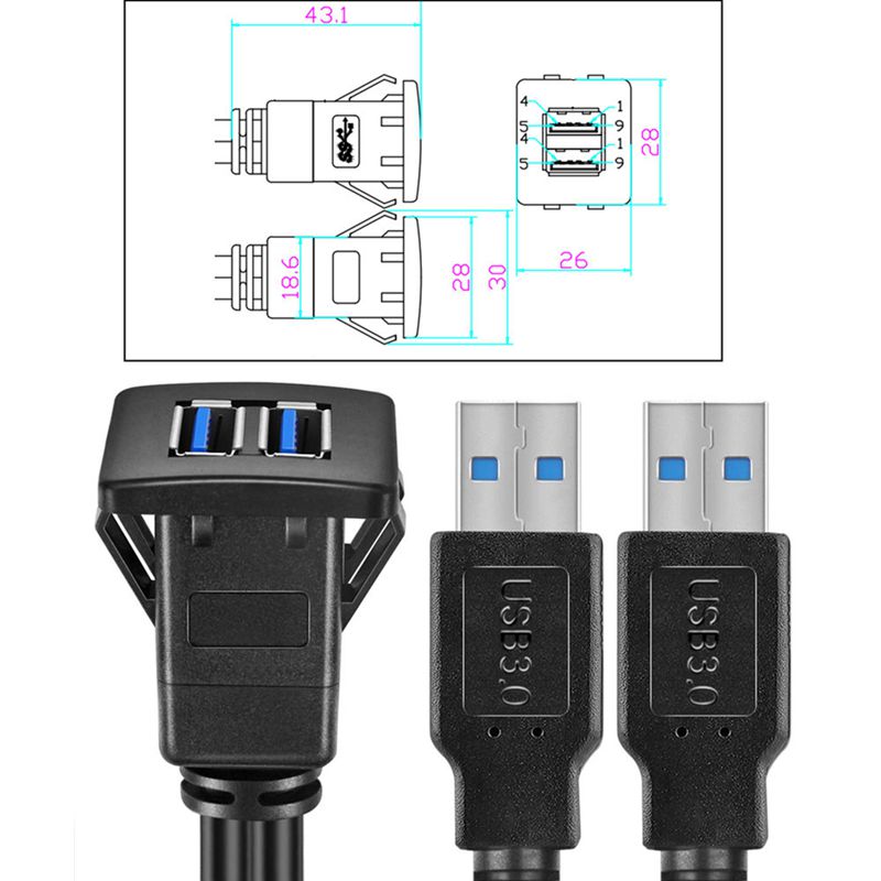 ABS Shell Buckle Type Dual Port USB 3.0/2.0 Male To Female Car, Ship, Motorcycle Instrument Panel Extension Waterproof Cable 1m