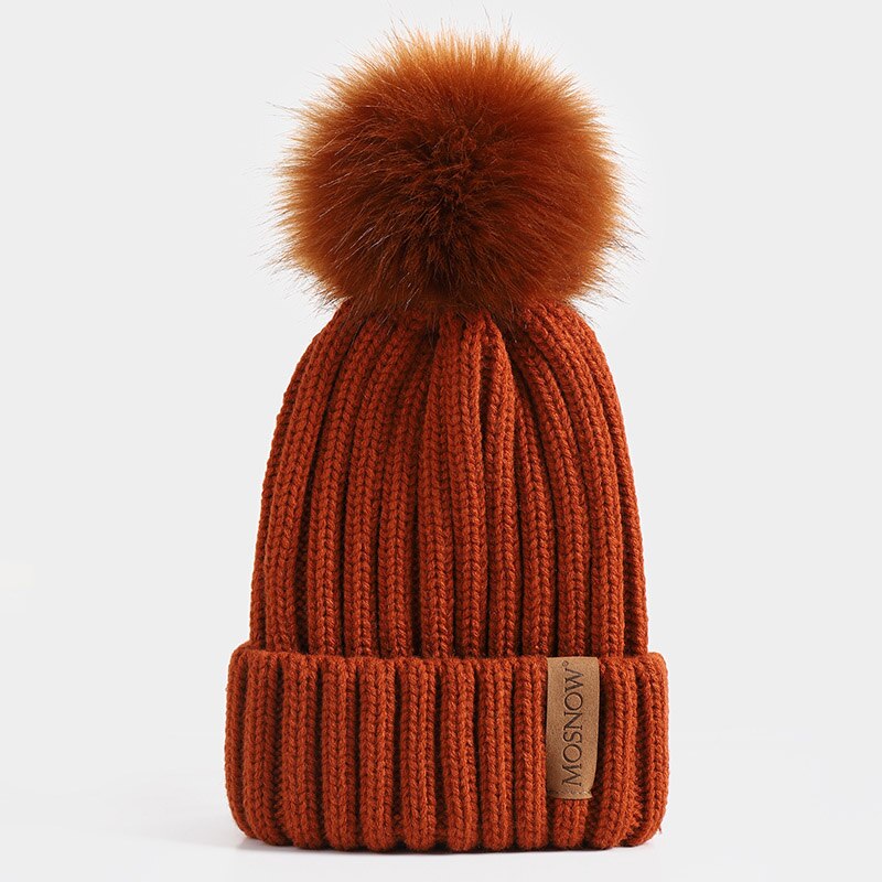 neue Winter frauen Hütte Acryl Bommel Mützen Wärme Ski Kappe Mädchen Hütte Weiblichen Kappe Skullie Künstliche Pompons Hütte: Orange