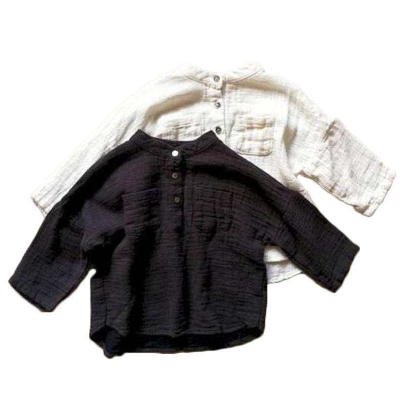 Herfst Kinderen Losse Katoenen Linnen T-shirts Lange Mouw Knop Tops Koreaanse Stijl Kinderkleding Pure Kleur Baby Jongens tees