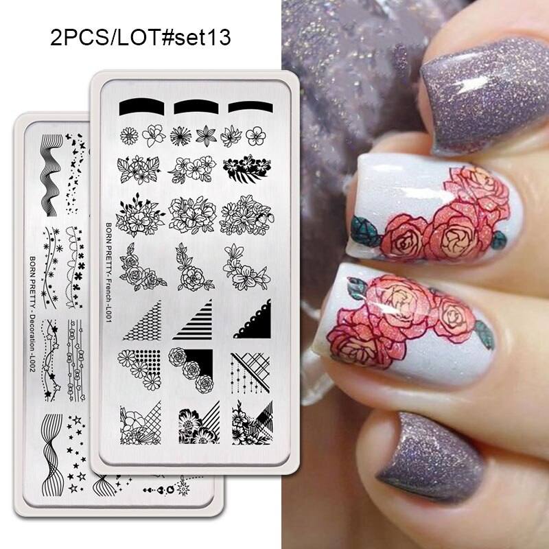 GEBOREN ZIEMLICH 2Pcs Nagel Stanzen Platten Set Rechteck Blume Geometrische Muster Nail art Bild Stempel Vorlage DIY Maniküre: 2Pcs-Set13