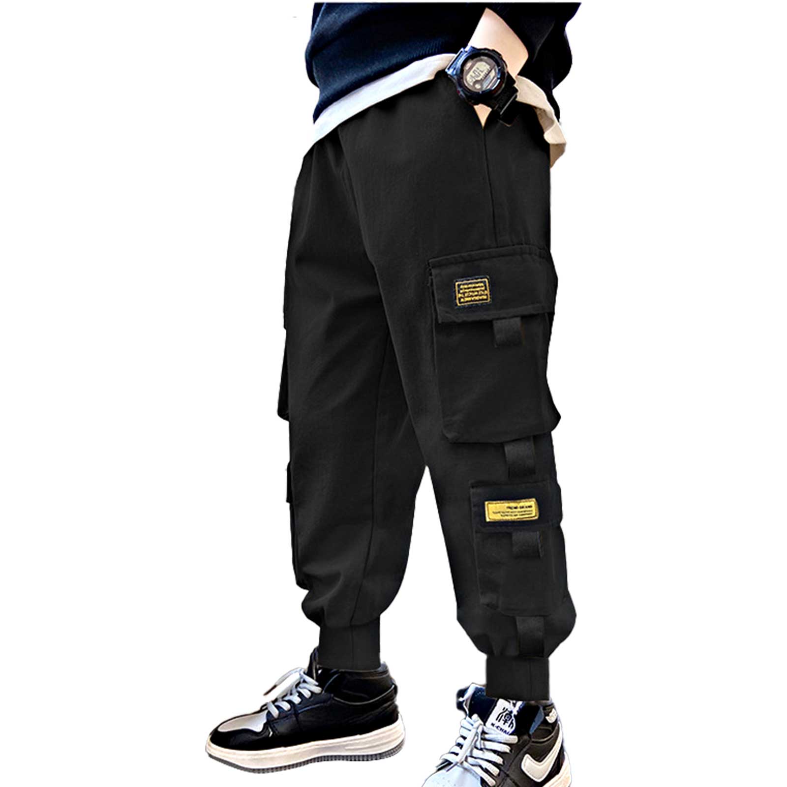 Pantalones Cargo de para niños, ropa de calle negra de chándal, Hip-Hop, con múltiples bolsillos, informal, 6, 8, 10, 12 años