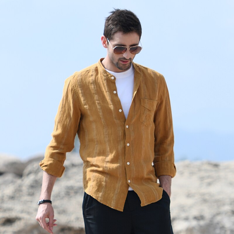 Heren lente zomer japan eenvoudige stijl harajuku opstaande kraag lange mouw effen kleur streep heren linnen casual overhemden