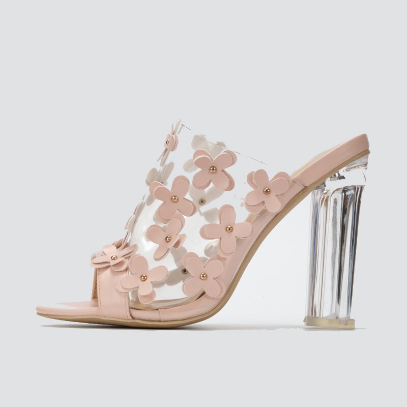Nieuwe transparante sandalen met hoge hak en kleine bloem voor dames, doorzichtige sandalen, open teen zomerslippers 560