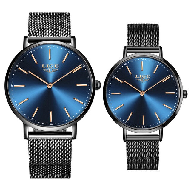 LIGE Couple montres pour amoureux haut de luxe Quartz horloge étanche montre-bracelet décontracté dames montre Couple amour: Black blue