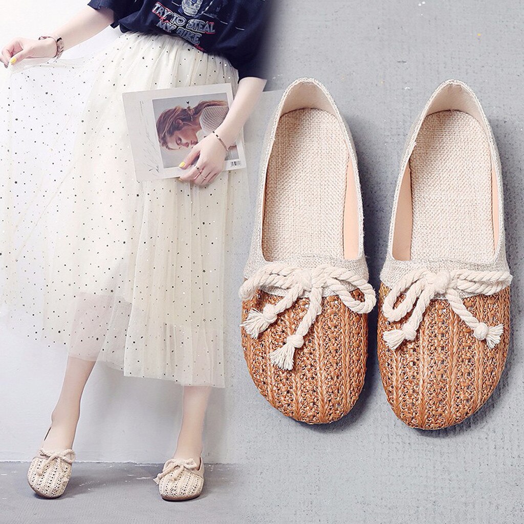 Women Flat Loafers Shoes Knit Cane Hollow Out Girl Ladies Casual Shoes Country Natural environment Wear