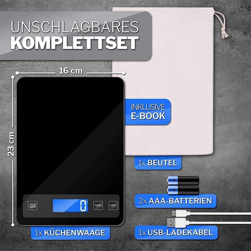 NHBR Kitchen Scales Digital Kitchen Scales 15Kg USB Charging Baking Scales Extra Large Weighing Surface