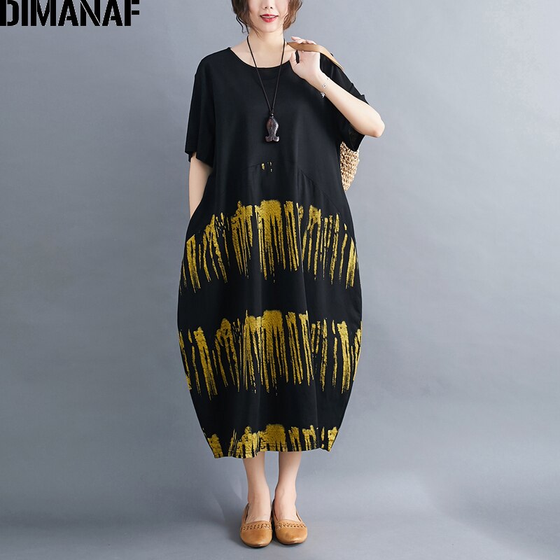 DIMANAF, vestido de verano de talla grande, ropa de mujer, vestido veraniego para mujer, vestido holgado Vintage de algodón negro a rayas, Vestidos elegantes para mujer
