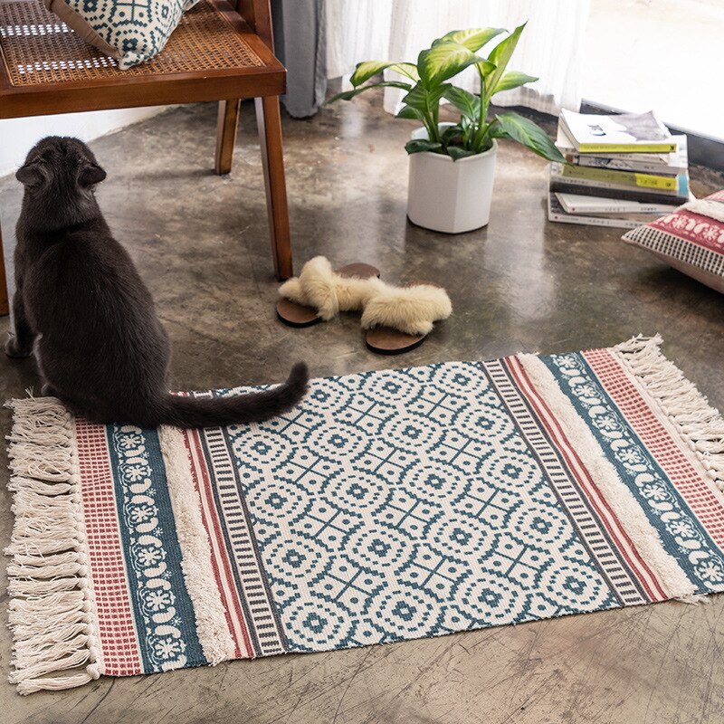 Handgemaakte Tassled Mat Katoen En Linnen Deur Mat Tapijt Woonkamer Mat Nachtkastje Mat Vloermat Boho Tapijt