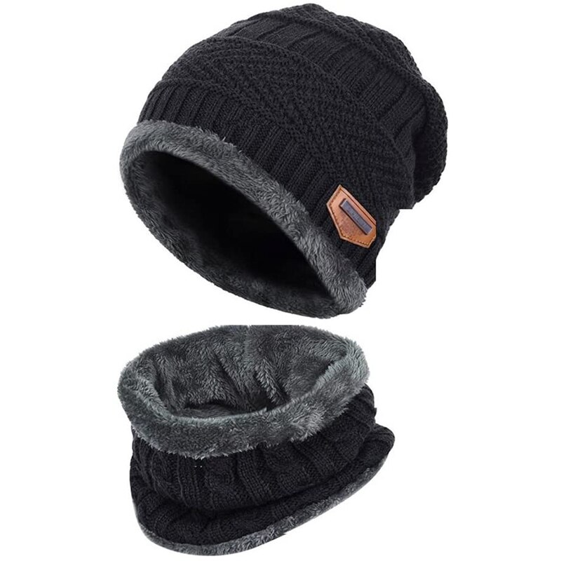 Winter Warm Beanie Hat Scarf Gloves Set Unisex Winter Warm Knitted Beanie Hat Neck Glove for Men Women XRQ88: Black 2 piece