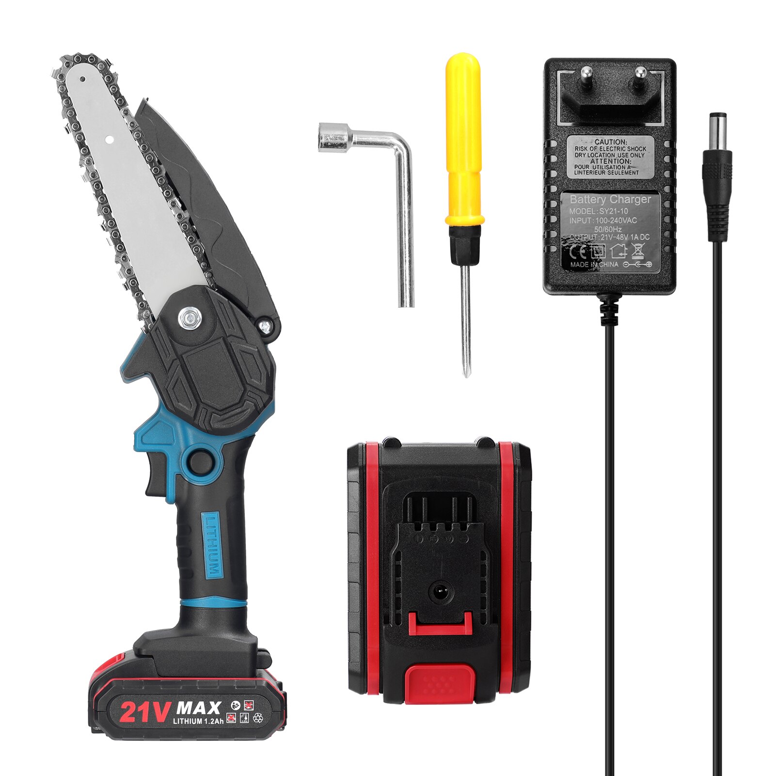 Power Tools 21V 6 inch Electric Pruning Saws Small Wood Splitting Chainsaw Brush Motor One-handed Woodworking Tool: 2 Batteries / US