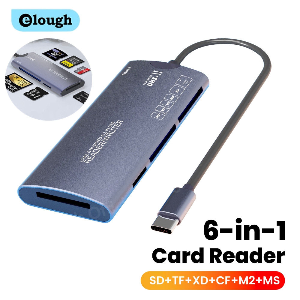 Lector de tarjetas Elough 6 en 1 SD TF XD CF M2 lectores de tarjetas de memoria adaptador USB tipo C lector de tarjetas de transferencia de datos de alta velocidad para ordenador portátil