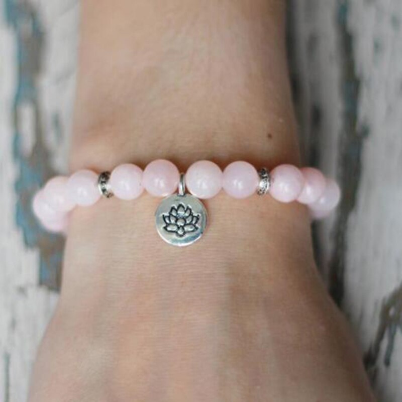 Bracelet Mala quartz Rose pour femmes, 8mm, breloque, perles roses, fleur de Lotus