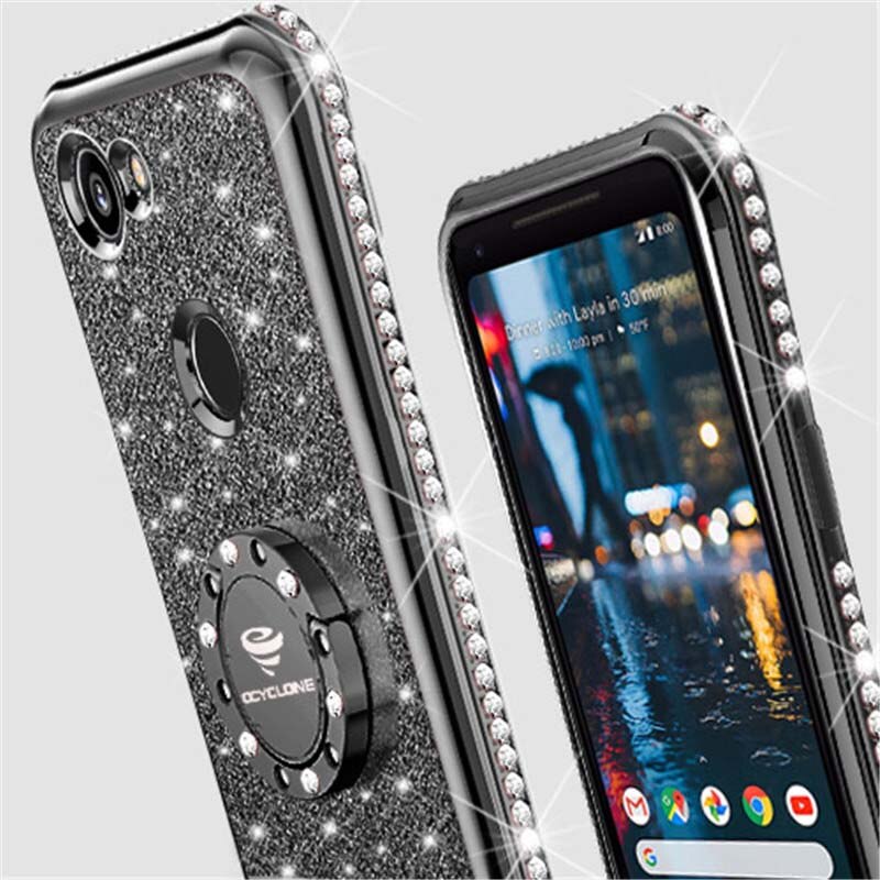 For Google Pixel 2Xl Case Luxury 360 Degree Kickstand Phone Housing case Rhinestone Bling Glitter Soft Slim 18:9 Inch Silicone: Black