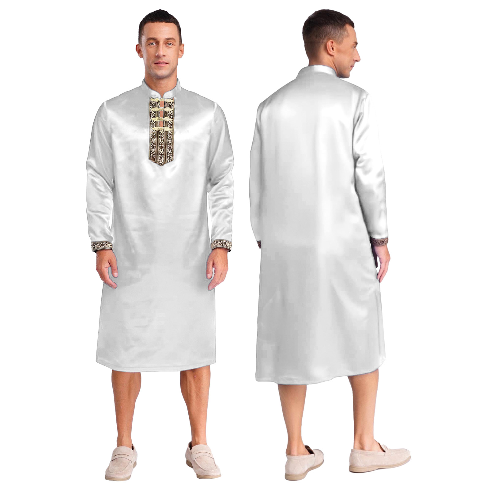 Túnica india para hombre, ropa de oración, disfraz de Cosplay tradicional, satén bordado, botones de nudo Kurta, bata musulmana con abertura lateral: M / Azul