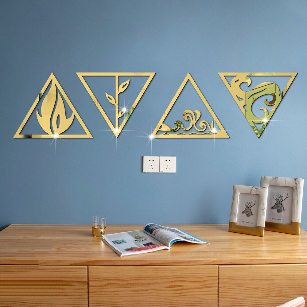 Wind Fire Water Earth Four Elements Acrylic 3D Mirror Sticker Self Adhesive geometry Decor Wall Sticker custom DIY sticker
