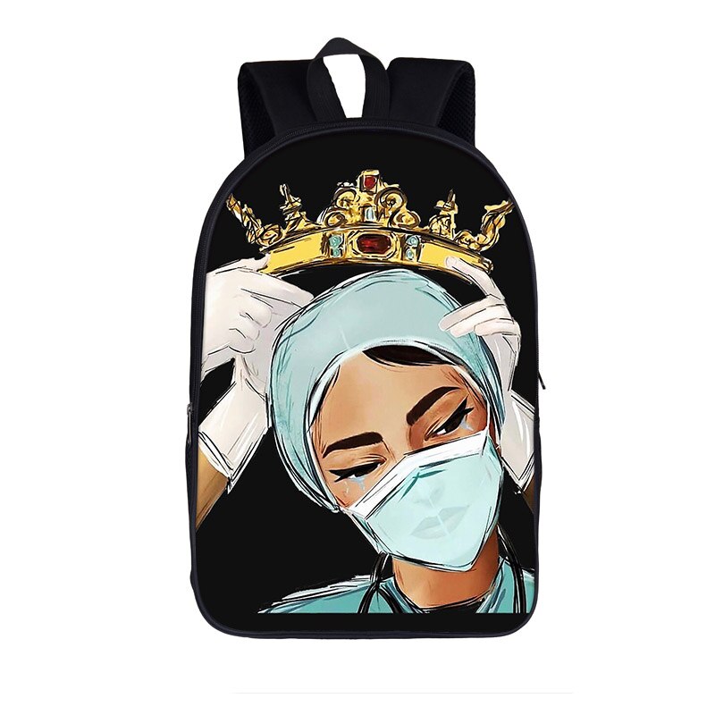 Black Nurse with Crown Backpack for Teenager Girls Children School Bags Afro Women Canvas Travel Bag Student Bagpack Kid Bookbag: 16blacknurse02