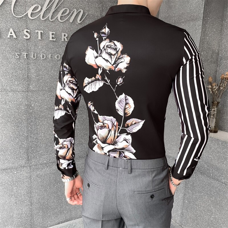 Efterår stribede skjorter til mænd slim fit streetwear afslappede skjorter langærmet blomsterskjorte camisa masculina business socialt tøj til mænd