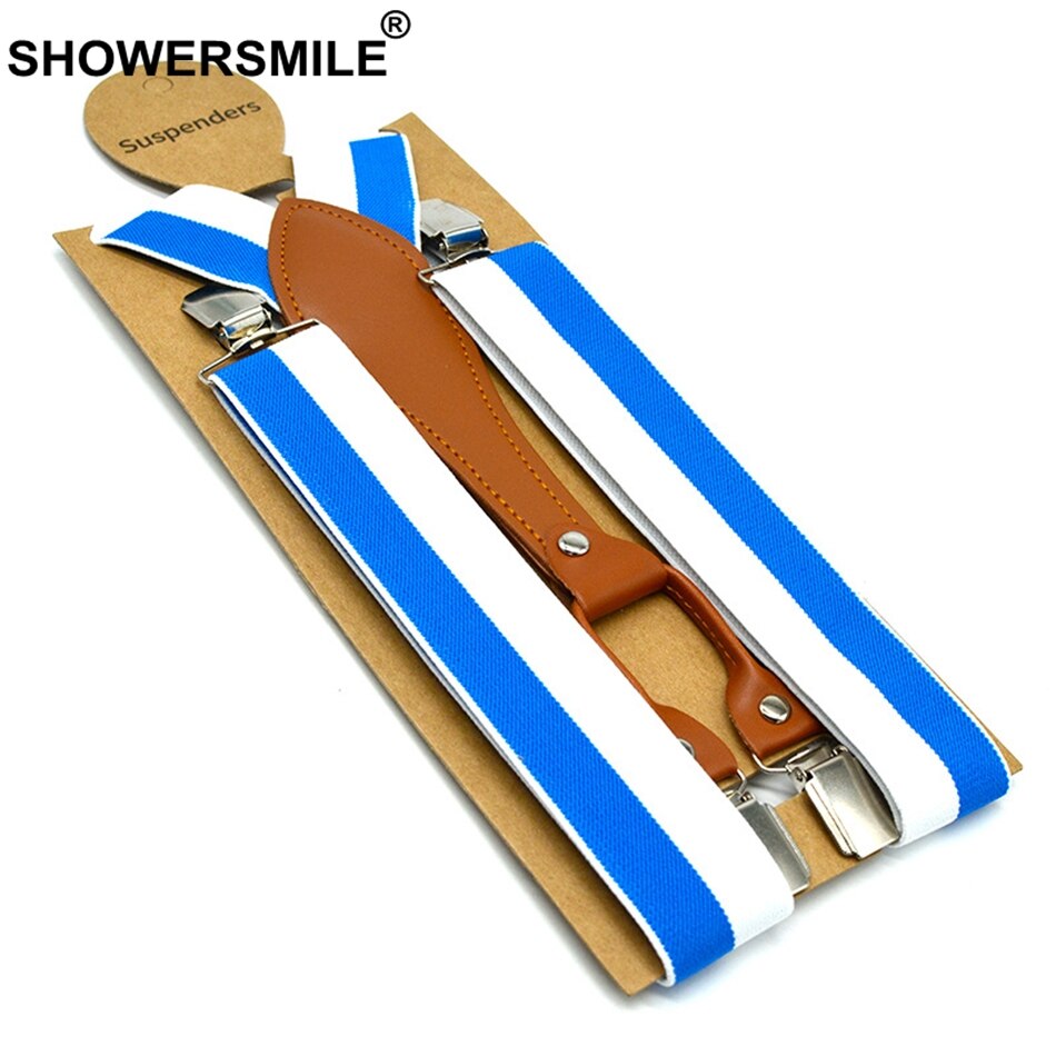 Showersmile stripe hängslen herr gröna byxbälten 3.5cm elastiska byxremmar 4 clips hängslen man gul röd blå