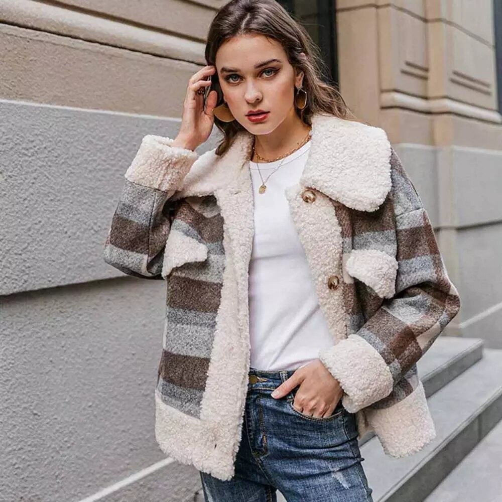 Chaqueta Vintage a cuadros para mujer, abrigo de lana de oveja grueso, cálido, informal, Polar holgado, abrigos con bolsillo, primavera y otoño,: S