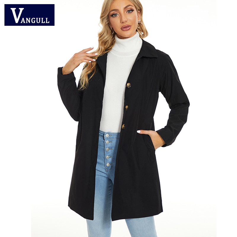 Vangull-gabardina negra para mujer, abrigo entallado de manga larga con botonadura única, rompevientos, para oficina, Primavera