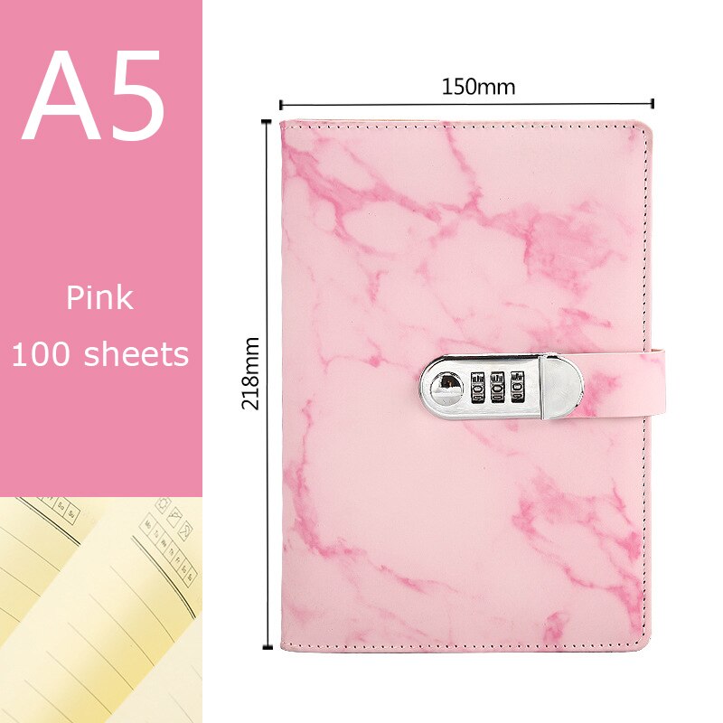 A5 marmor textur anteckningsbok lösenord lås anteckningsböcker läder anteckningsblock agenda veckor dagbok månad planerare skola pappersvaror: Rosa