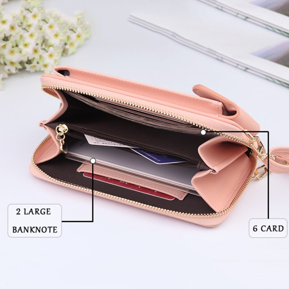 Women Purses Solid Color Leather Shoulder Strap Bag Mobile Phone Big Card Holders Wallet Handbag Pockets for Girls