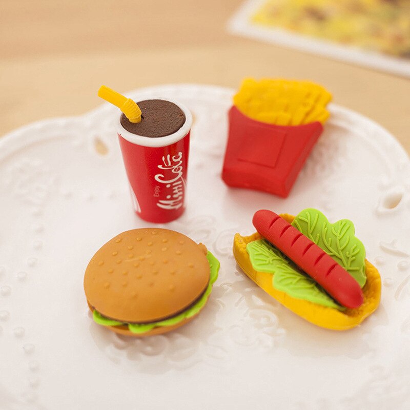 5pcs Cute Kawaii Eraser Hamburger Food French Fries Dog Eraser Office Correction Supplies