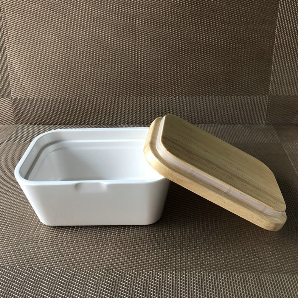 Caja nórdica de sellado de mantequilla, plato de cerámica blanco, con tapa de madera, bandeja de almacenamiento de queso, caja contenedora de platos de mantequilla,