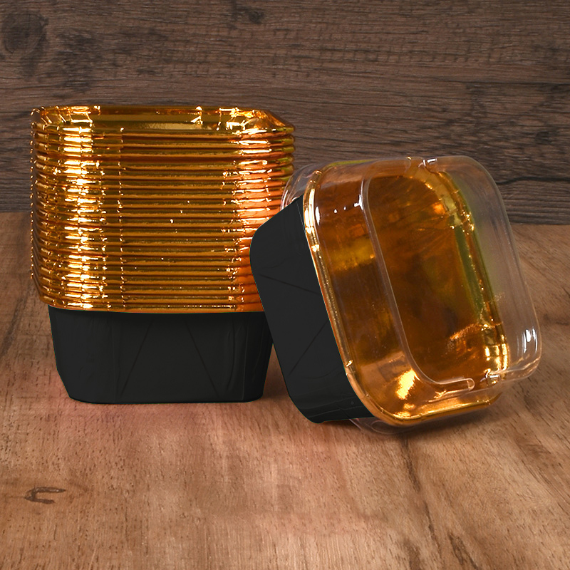50 Stück quadratische Cupcake-Becher mit Deckel, Pudding-Becher, backfeste Einweg-Cupcake-Becher aus Folie, Muffin-Dosen für Hochzeitsbacken: Beige