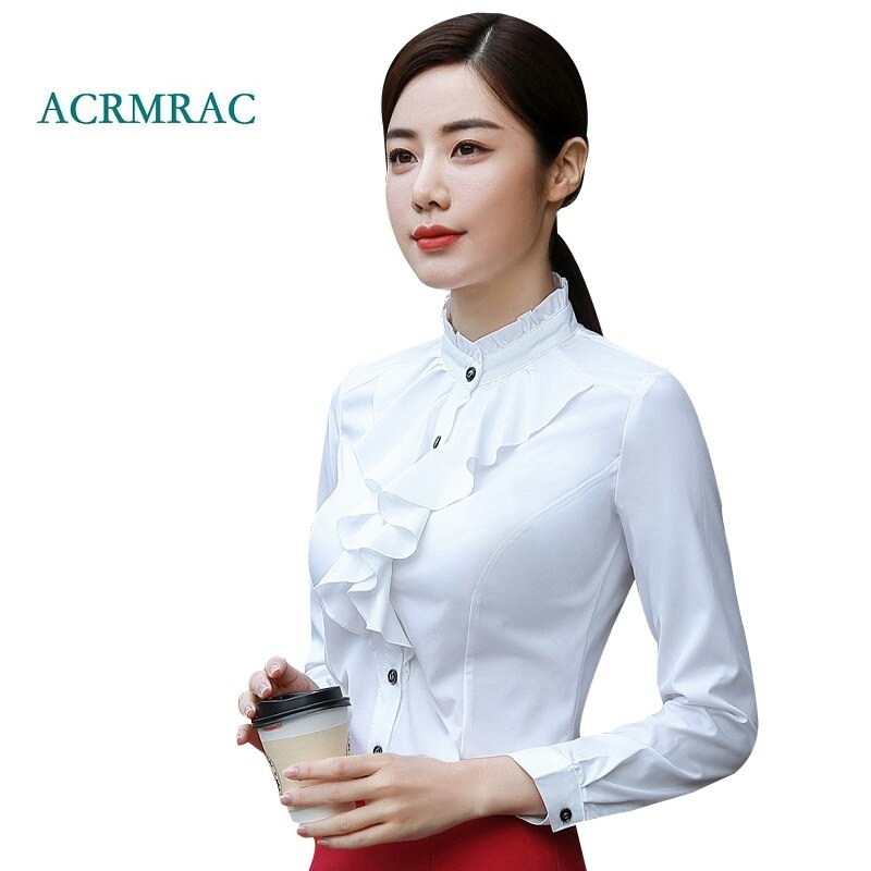 ACRMRAC Women shirt Spring and autumn Long sleeve Solid color Flounced Slim Business OL Formal Blouses & Shirt