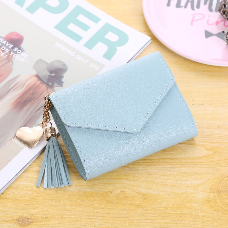Cartera de cuero Pu con borlas para mujer, cartera con colgante, Portable, con botón, para tarjetas: lightblue