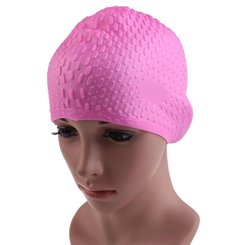 Gorros de natación de silicona a prueba de agua, 7 colores, protegen las orejas, gorro de piscina deportivo de pelo largo, gorro de natación para hombres, mujeres y adultos: Pink