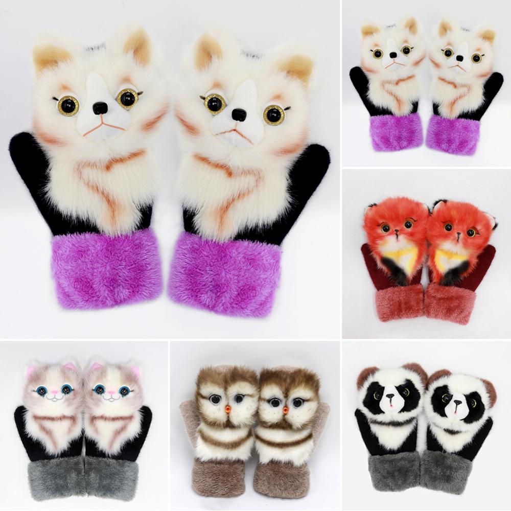 Animal Cat Dog Panda Racoon Kid Winter Warm Gloves 22cm Long Cute Girl Mittens Full Fingers Princess Guantes