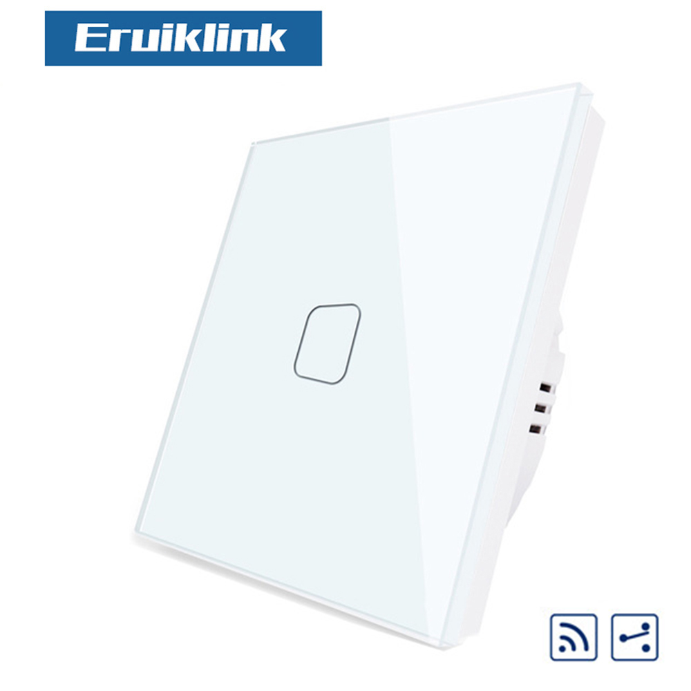 EU Standard 1/2/3 Gang 2 Way Touch RF433 Remote Switch, Crystal Glass Panel Touch Wall Light Switch, AC110V-250V: 1 Gang 2 Way White