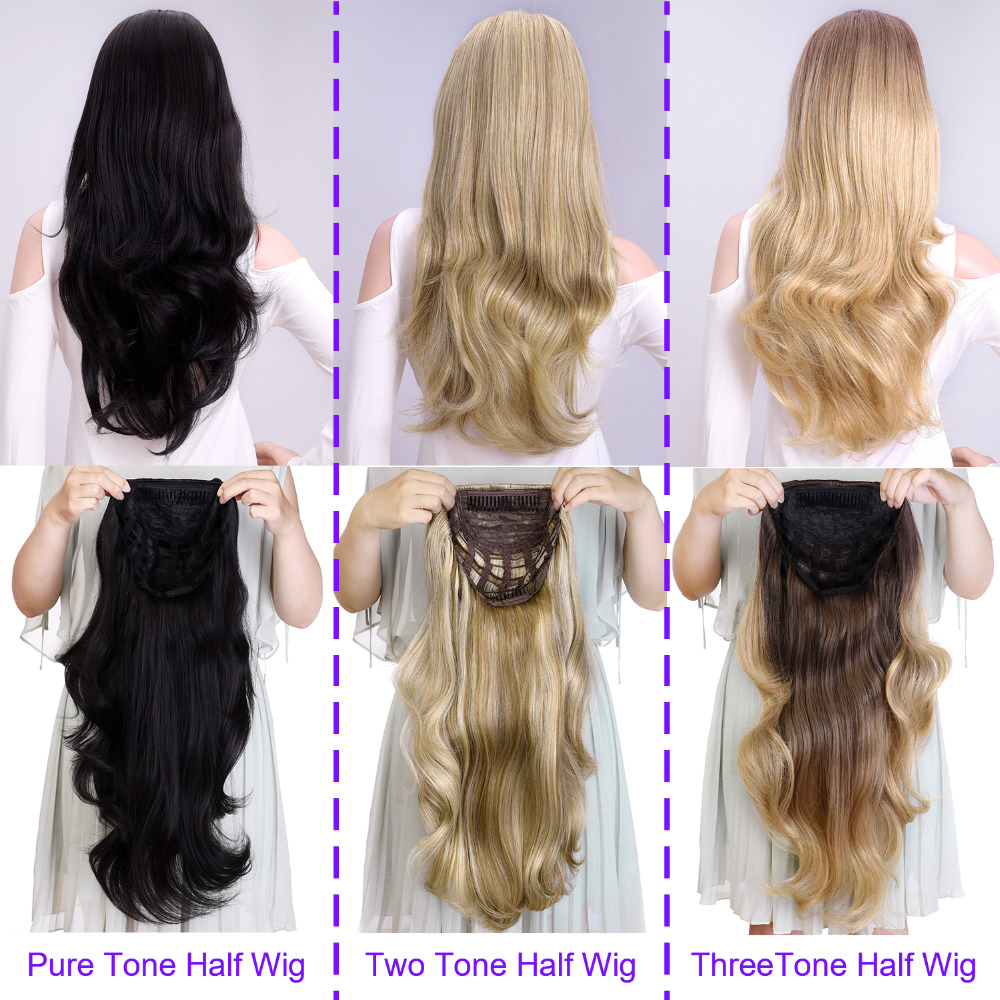 Dindong 24 "Wave 3/4 Dames Half Pruik Haar Synthetische Pruiken Met Kam Op Een Mesh Head Cap Clip In haarverlenging