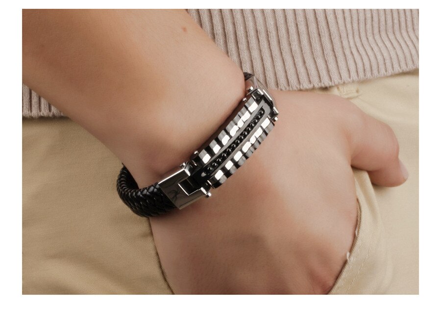 Xqni svart skinn armbånd herre sjarm armbånd rustfritt stål menn smykker rock chunky skinn herre armbånd