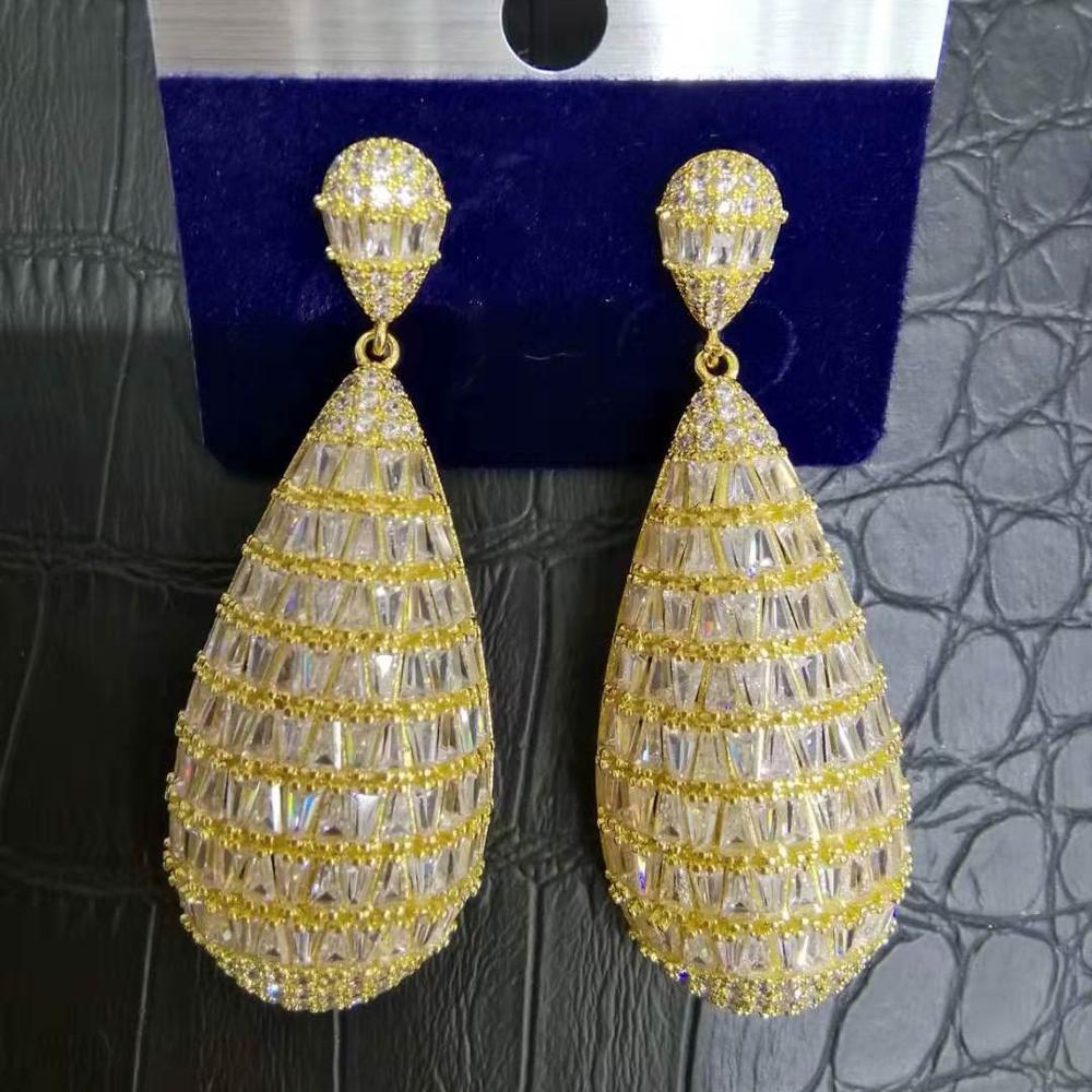 GODKI lujo circón cúbico de gota de agua nigeriano collar pendiente juegos de joyas para mujer boda Dubai indio conjuntos de joyería nupcial: Gold Earring